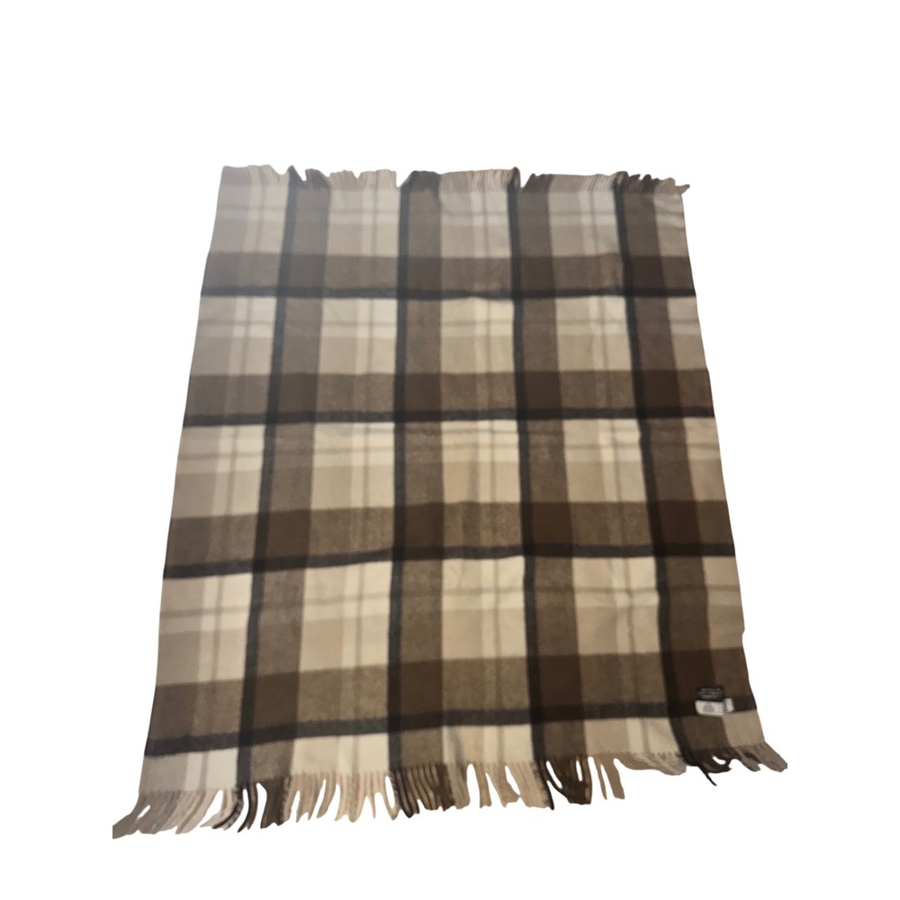 Vintage Pure Wool Plaid Throw Blanket Brown Tan Fringed Uruguay 54"x47"